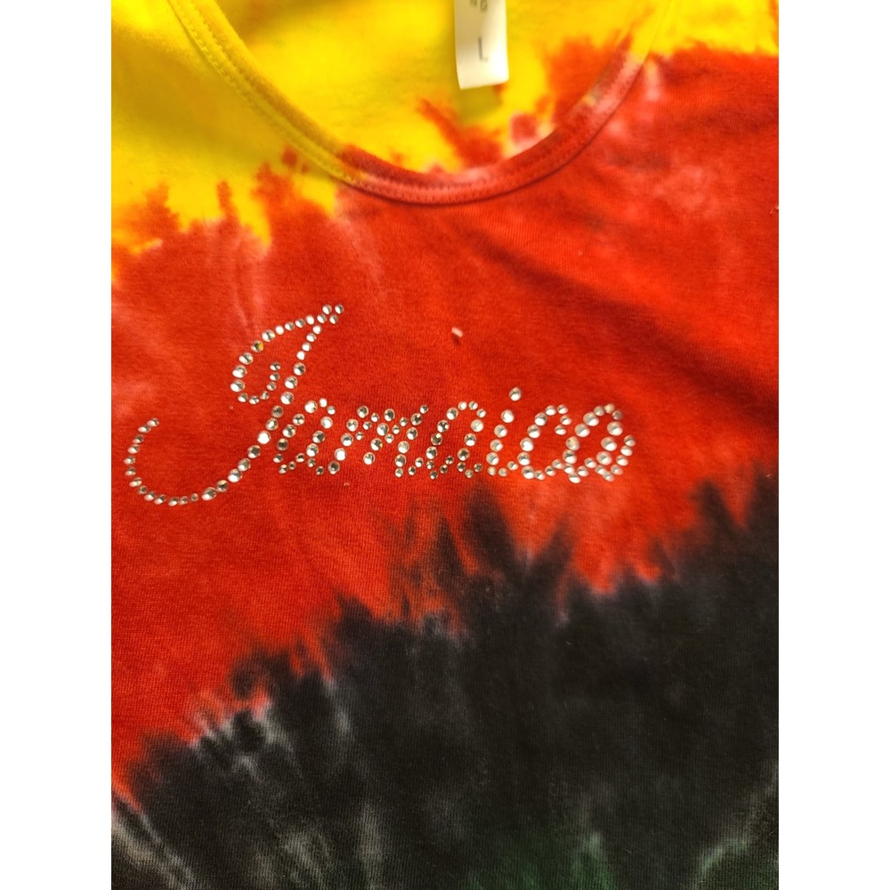 Jamaica Tie Dye Fringe Tank Top Rasta Rhinestone Sleeveless Women's Shirt Large - Picture 3 of 13